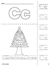 Free printable Christmas tree Christmas coloring page and letter tracing worksheet, letter c worksheet for preschool, pre-k, and kindergarten