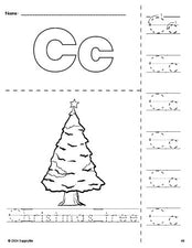 Free printable Christmas tree Christmas coloring page and letter tracing worksheet, letter c worksheet for preschool, pre-k, and kindergarten