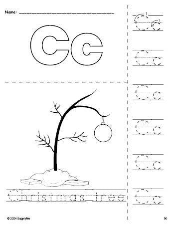 Free printable Christmas tree Christmas coloring page and letter tracing worksheet, letter c worksheet for preschool, pre-k, and kindergarten