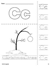 Free printable Christmas tree Christmas coloring page and letter tracing worksheet, letter c worksheet for preschool, pre-k, and kindergarten