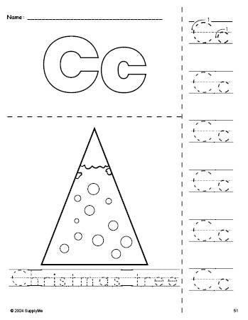 Free printable Christmas tree Christmas coloring page and letter tracing worksheet, letter c worksheet for preschool, pre-k, and kindergarten