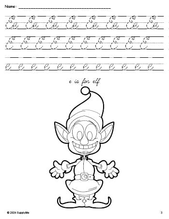 Free printable elf Christmas coloring page, cursive letter tracing worksheet, letter e worksheet for preschool, pre-k, and kindergarten