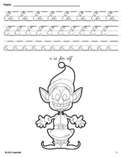 Free printable elf Christmas coloring page, cursive letter tracing worksheet, letter e worksheet for preschool, pre-k, and kindergarten