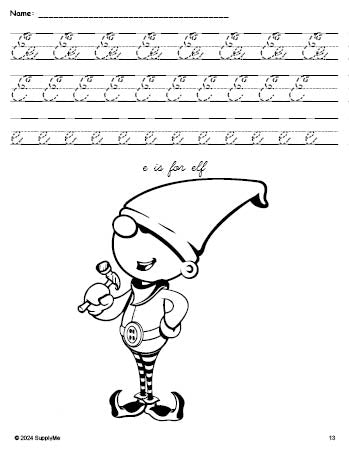 Free printable elf Christmas coloring page, cursive letter tracing worksheet, letter e worksheet for preschool, pre-k, and kindergarten