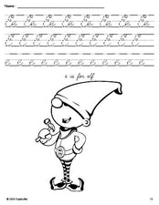 Free printable elf Christmas coloring page, cursive letter tracing worksheet, letter e worksheet for preschool, pre-k, and kindergarten