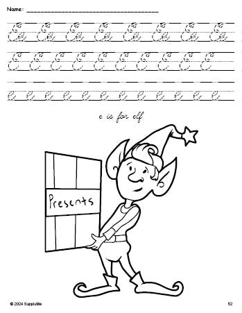 Free printable elf Christmas coloring page, cursive letter tracing worksheet, letter e worksheet for preschool, pre-k, and kindergarten