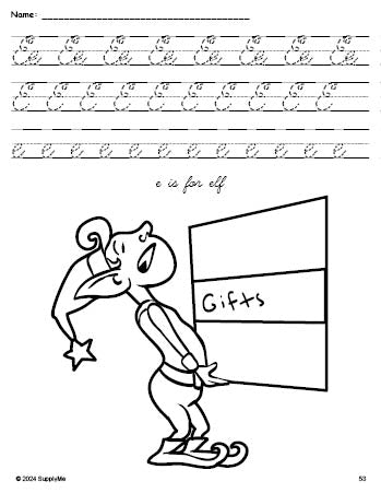 Free printable elf Christmas coloring page, cursive letter tracing worksheet, letter e worksheet for preschool, pre-k, and kindergarten