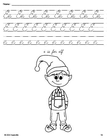 Free printable elf Christmas coloring page, cursive letter tracing worksheet, letter e worksheet for preschool, pre-k, and kindergarten