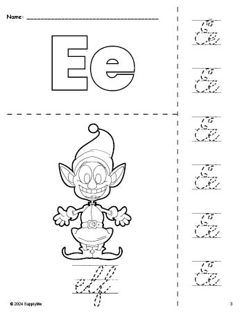 Free printable elf Christmas coloring page and cursive letter tracing worksheet, letter e worksheet for preschool, pre-k, and kindergarten