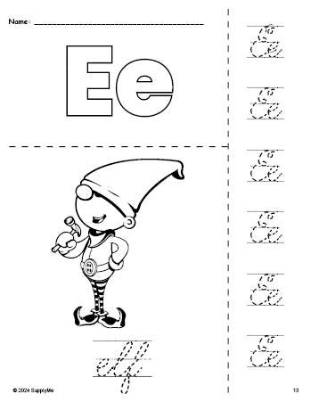 Free printable elf Christmas coloring page and cursive letter tracing worksheet, letter e worksheet for preschool, pre-k, and kindergarten