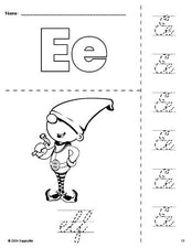 Free printable elf Christmas coloring page and cursive letter tracing worksheet, letter e worksheet for preschool, pre-k, and kindergarten