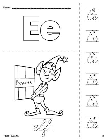 Free printable elf Christmas coloring page and cursive letter tracing worksheet, letter e worksheet for preschool, pre-k, and kindergarten