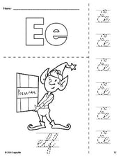 Free printable elf Christmas coloring page and cursive letter tracing worksheet, letter e worksheet for preschool, pre-k, and kindergarten