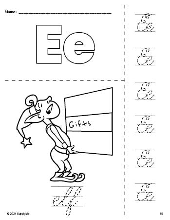 Free printable elf Christmas coloring page and cursive letter tracing worksheet, letter e worksheet for preschool, pre-k, and kindergarten