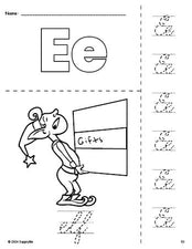 Free printable elf Christmas coloring page and cursive letter tracing worksheet, letter e worksheet for preschool, pre-k, and kindergarten