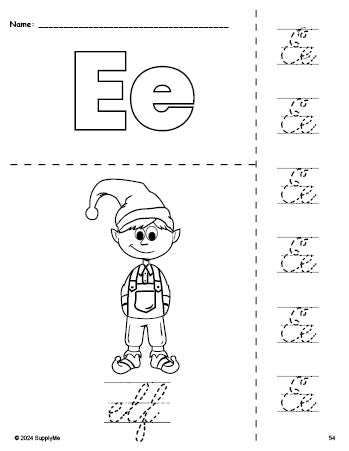 Free printable elf Christmas coloring page and cursive letter tracing worksheet, letter e worksheet for preschool, pre-k, and kindergarten