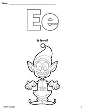 Free printable elf Christmas coloring page, letter e coloring page for preschool, pre-k, and kindergarten