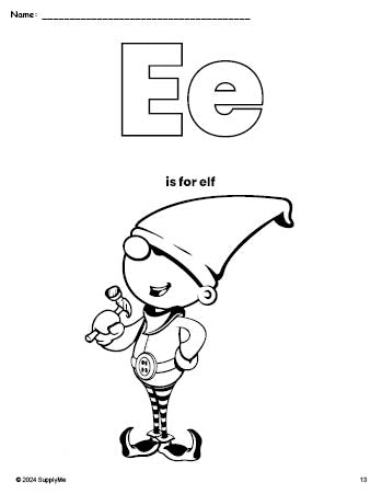 Free printable elf Christmas coloring page, letter e coloring page for preschool, pre-k, and kindergarten