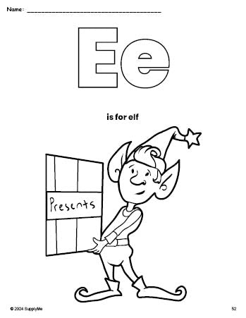 Free printable elf Christmas coloring page, letter e coloring page for preschool, pre-k, and kindergarten