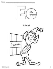 Free printable elf Christmas coloring page, letter e coloring page for preschool, pre-k, and kindergarten