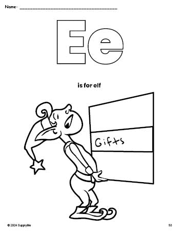 Free printable elf Christmas coloring page, letter e coloring page for preschool, pre-k, and kindergarten