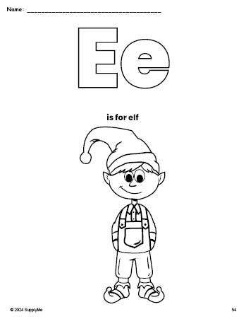 Free printable elf Christmas coloring page, letter e coloring page for preschool, pre-k, and kindergarten