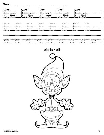 Free printable elf Christmas coloring page, letter e tracing worksheet for preschool, pre-k, and kindergarten