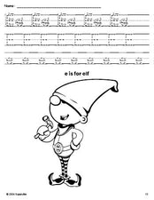 Free printable elf Christmas coloring page, letter e tracing worksheet for preschool, pre-k, and kindergarten