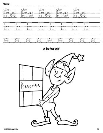 Free printable elf Christmas coloring page, letter e tracing worksheet for preschool, pre-k, and kindergarten