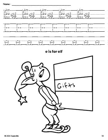 Free printable elf Christmas coloring page, letter e tracing worksheet for preschool, pre-k, and kindergarten