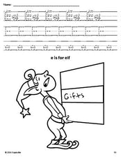 Free printable elf Christmas coloring page, letter e tracing worksheet for preschool, pre-k, and kindergarten