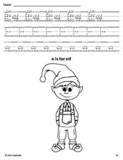 Free printable elf Christmas coloring page, letter e tracing worksheet for preschool, pre-k, and kindergarten