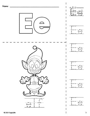 Free printable elf Christmas coloring page and letter tracing worksheet, letter e worksheet for preschool, pre-k, and kindergarten