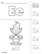 Free printable elf Christmas coloring page and letter tracing worksheet, letter e worksheet for preschool, pre-k, and kindergarten