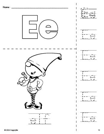 Free printable elf Christmas coloring page and letter tracing worksheet, letter e worksheet for preschool, pre-k, and kindergarten