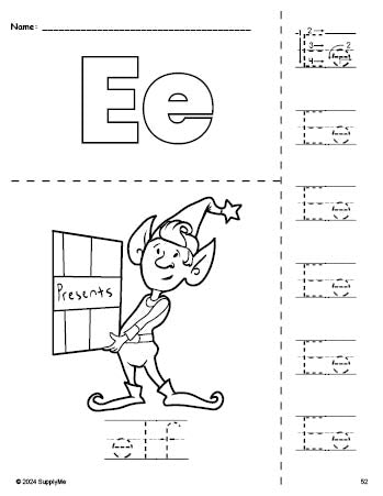 Free printable elf Christmas coloring page and letter tracing worksheet, letter e worksheet for preschool, pre-k, and kindergarten