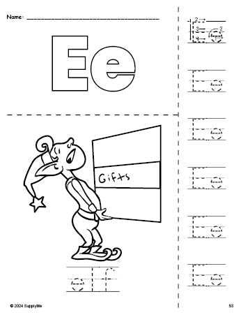 Free printable elf Christmas coloring page and letter tracing worksheet, letter e worksheet for preschool, pre-k, and kindergarten