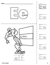 Free printable elf Christmas coloring page and letter tracing worksheet, letter e worksheet for preschool, pre-k, and kindergarten