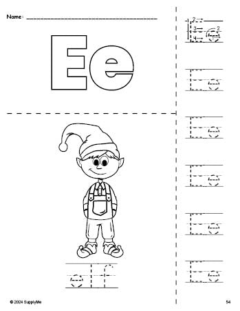 Free printable elf Christmas coloring page and letter tracing worksheet, letter e worksheet for preschool, pre-k, and kindergarten