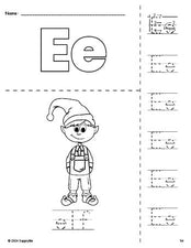 Free printable elf Christmas coloring page and letter tracing worksheet, letter e worksheet for preschool, pre-k, and kindergarten