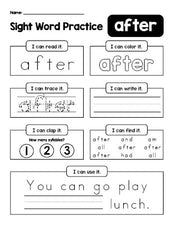 Free printable first grade sight word worksheet, beginner sight word for 1st graders and high frequency word 'after', practice sheet includes 6 sight word activities and 1 sight word sentence, second 100 fry sight words, Dolch, PDF