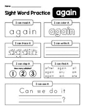 Free printable first grade sight word worksheet, beginner sight word for 1st graders and high frequency word 'again', practice sheet includes 6 sight word activities and 1 sight word sentence, second 100 fry sight words, Dolch, PDF