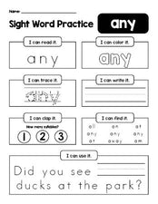 Free printable first grade sight word worksheet, beginner sight word for 1st graders and high frequency word 'any', practice sheet includes 6 sight word activities and 1 sight word sentence, second 100 fry sight words, Dolch, PDF