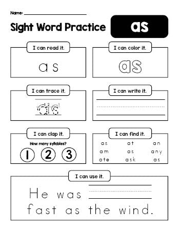 Free printable first grade sight word worksheet, beginner sight word for 1st graders and high frequency word 'as', practice sheet includes 6 sight word activities and 1 sight word sentence, first 100 fry sight words, Dolch, PDF