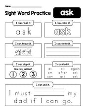 Free printable first grade sight word worksheet, beginner sight word for 1st graders and high frequency word 'ask', practice sheet includes 6 sight word activities and 1 sight word sentence, second 100 fry sight words, Dolch, PDF