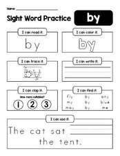 Free printable first grade sight word worksheet, beginner sight word for 1st graders and high frequency word 'by', practice sheet includes 6 sight word activities and 1 sight word sentence, first 100 fry sight words, Dolch, PDF