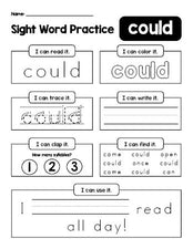 Free printable first grade sight word worksheet, beginner sight word for 1st graders and high frequency word 'could', practice sheet includes 6 sight word activities and 1 sight word sentence, first 100 fry sight words, Dolch, PDF