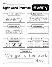 Free printable first grade sight word worksheet, beginner sight word for 1st graders and high frequency word 'every', practice sheet includes 6 sight word activities and 1 sight word sentence, third 100 fry sight words, Dolch, PDF