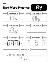 Free printable first grade sight word worksheet, beginner sight word for 1st graders and high frequency word 'fly', practice sheet includes 6 sight word activities and 1 sight word sentence, fifth 100 fry sight words, Dolch, PDF