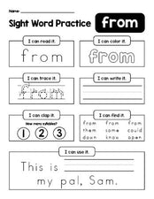 Free printable first grade sight word worksheet, beginner sight word for 1st graders and high frequency word 'from', practice sheet includes 6 sight word activities and 1 sight word sentence, first 100 fry sight words, Dolch, PDF